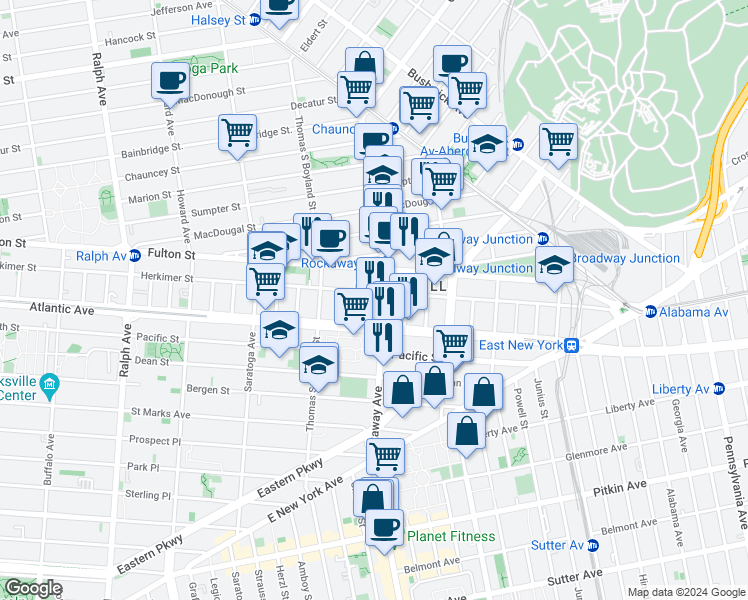 map of restaurants, bars, coffee shops, grocery stores, and more near 180 Rockaway Avenue in Brooklyn