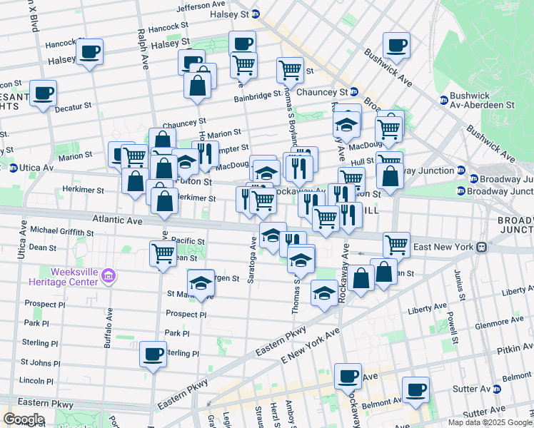map of restaurants, bars, coffee shops, grocery stores, and more near 23 Roosevelt Place in Brooklyn