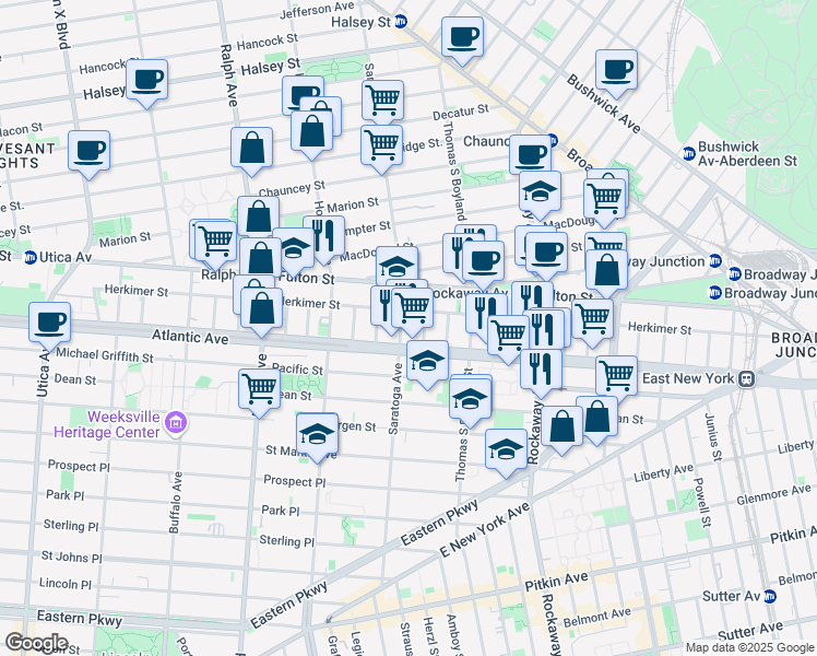 map of restaurants, bars, coffee shops, grocery stores, and more near 23 Roosevelt Place in Brooklyn