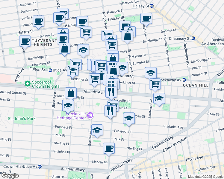 map of restaurants, bars, coffee shops, grocery stores, and more near 1899A Atlantic Avenue in Brooklyn