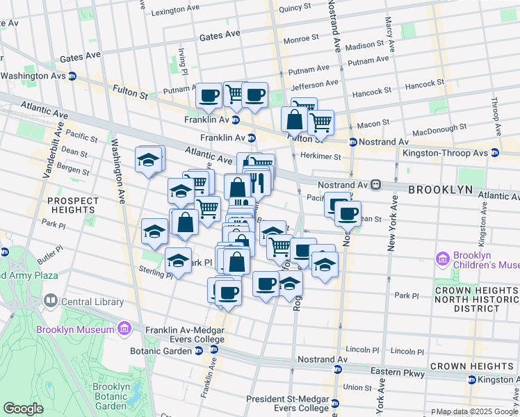 map of restaurants, bars, coffee shops, grocery stores, and more near 614 Franklin Avenue in Brooklyn