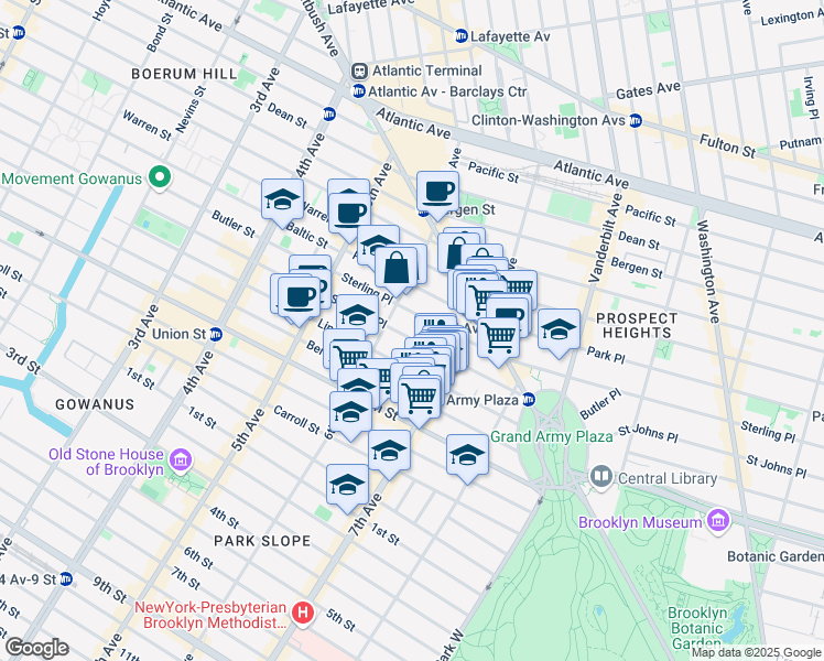 map of restaurants, bars, coffee shops, grocery stores, and more near 119 Saint Johns Place in Brooklyn