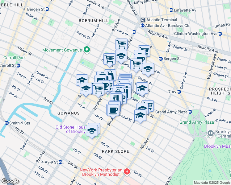 map of restaurants, bars, coffee shops, grocery stores, and more near 208 5th Avenue in Brooklyn