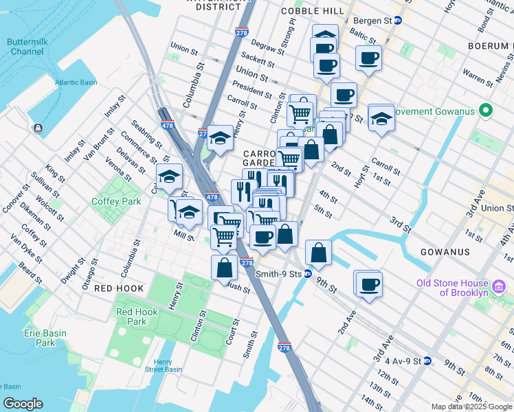 map of restaurants, bars, coffee shops, grocery stores, and more near 498 Court Street in Brooklyn