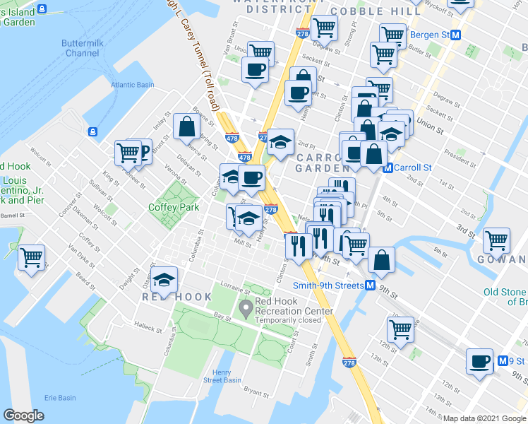 map of restaurants, bars, coffee shops, grocery stores, and more near 260 Hamilton Avenue in Brooklyn