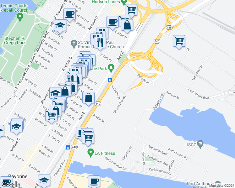 map of restaurants, bars, coffee shops, grocery stores, and more near 106 East 45th Street in Bayonne