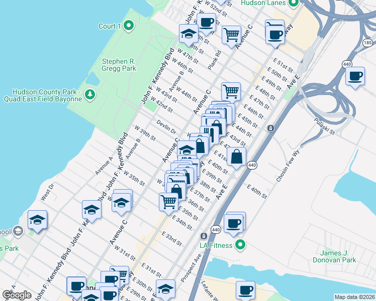 map of restaurants, bars, coffee shops, grocery stores, and more near 31 West 39th Street in Bayonne
