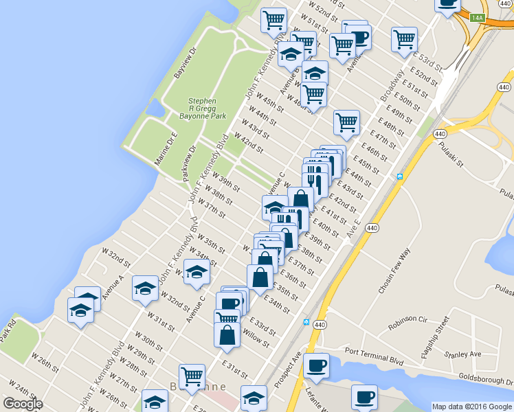 map of restaurants, bars, coffee shops, grocery stores, and more near 858 Avenue C in Bayonne