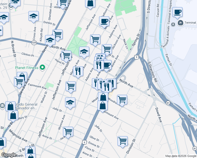 map of restaurants, bars, coffee shops, grocery stores, and more near 721 Jackson Avenue in Elizabeth