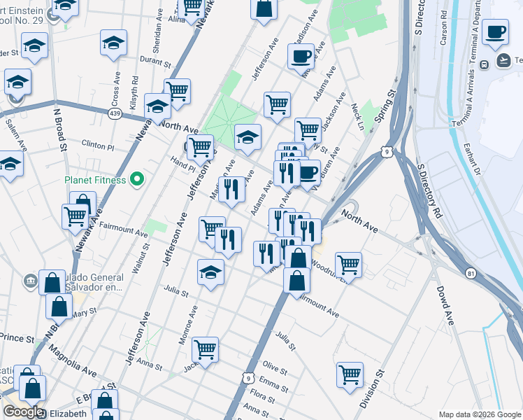 map of restaurants, bars, coffee shops, grocery stores, and more near 1057 Louisa Street in Elizabeth