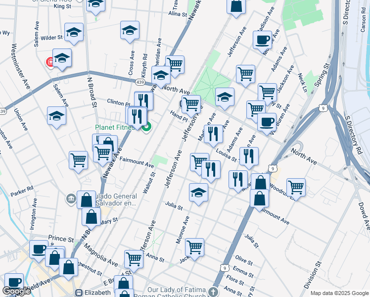 map of restaurants, bars, coffee shops, grocery stores, and more near 641 Jefferson Avenue in Elizabeth