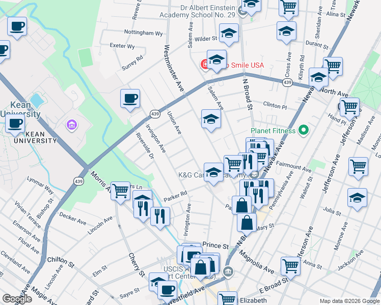 map of restaurants, bars, coffee shops, grocery stores, and more near 625 Union Avenue in Elizabeth