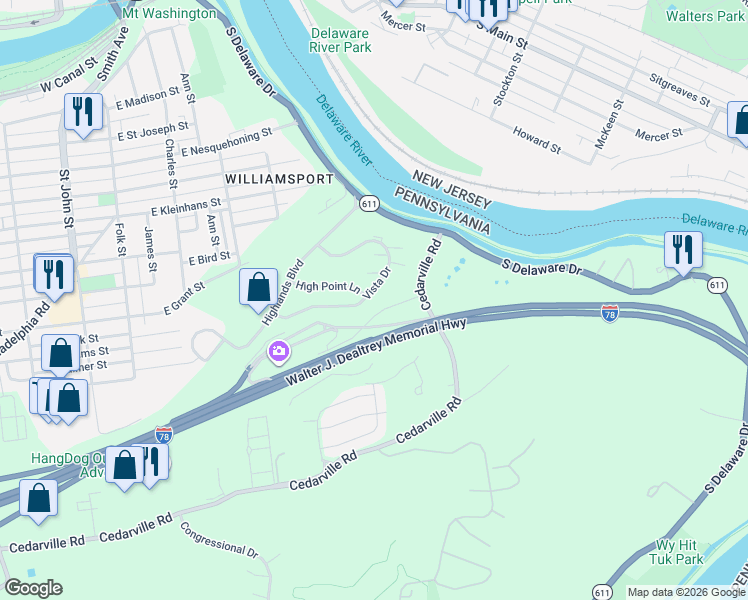 map of restaurants, bars, coffee shops, grocery stores, and more near 232 Vista Drive in Easton