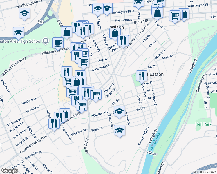 map of restaurants, bars, coffee shops, grocery stores, and more near 2422 Victor Street in Easton