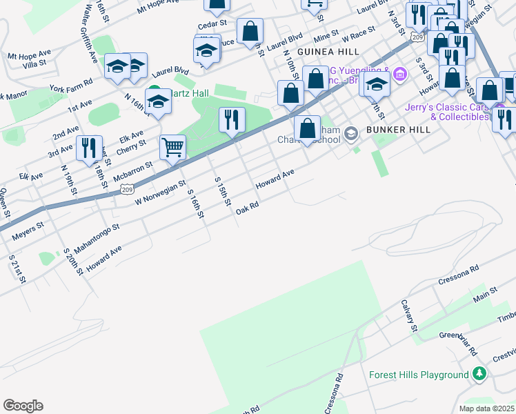 map of restaurants, bars, coffee shops, grocery stores, and more near 1411 Oak Road in Pottsville