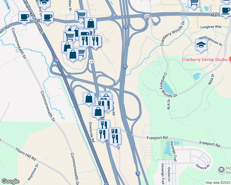 map of restaurants, bars, coffee shops, grocery stores, and more near 1205 Dutilh Road in Cranberry Township