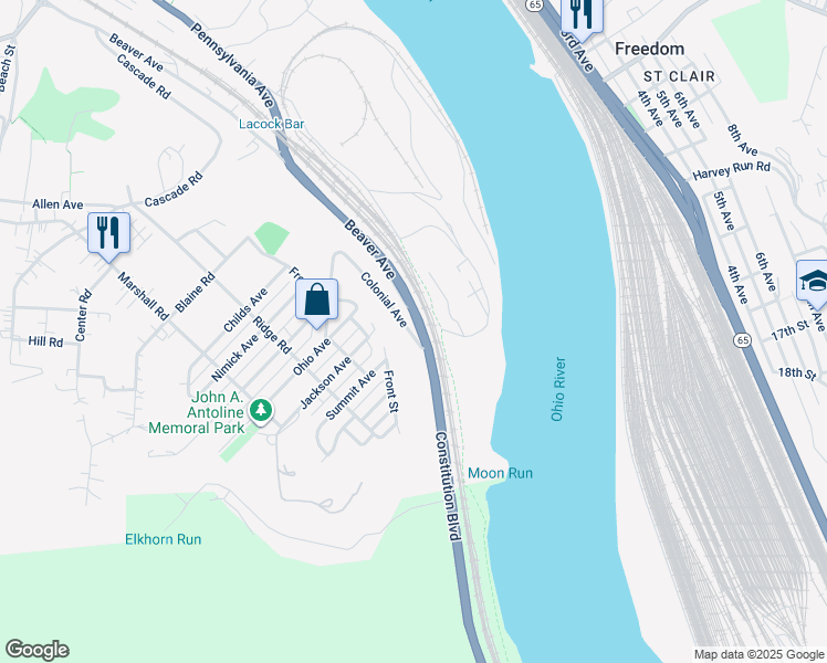 map of restaurants, bars, coffee shops, grocery stores, and more near 2728 Colonial Avenue in Monaca