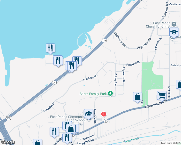 map of restaurants, bars, coffee shops, grocery stores, and more near 1105 Fondulac Drive in East Peoria