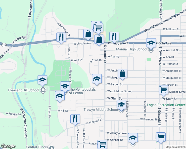 map of restaurants, bars, coffee shops, grocery stores, and more near 1031 South Tonti Circle in Peoria