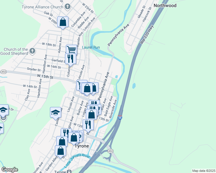 map of restaurants, bars, coffee shops, grocery stores, and more near 2 East 15th Street in Tyrone