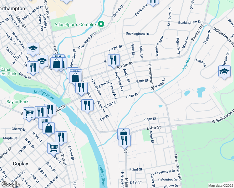 map of restaurants, bars, coffee shops, grocery stores, and more near 402 East 7th Street in Northampton