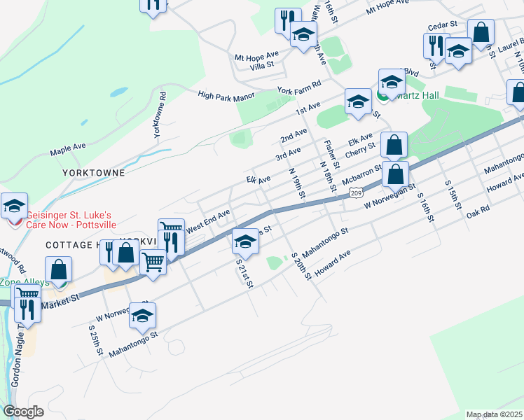 map of restaurants, bars, coffee shops, grocery stores, and more near 2004 West Market Street in Pottsville