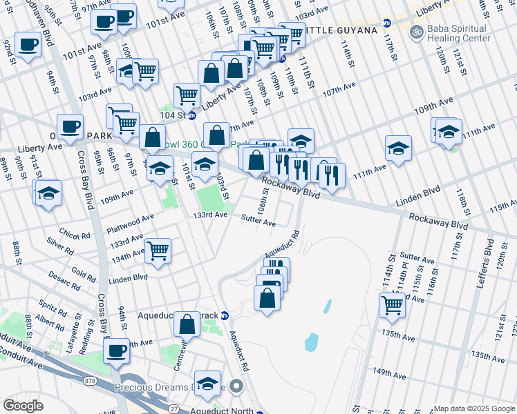 map of restaurants, bars, coffee shops, grocery stores, and more near 111-11 106th Street in Queens
