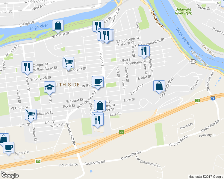 map of restaurants, bars, coffee shops, grocery stores, and more near 136 West Milton Street in Easton