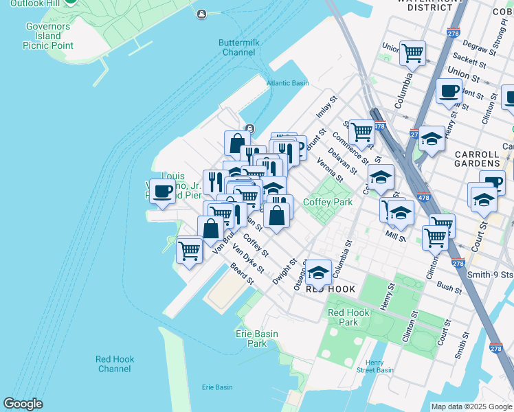 map of restaurants, bars, coffee shops, grocery stores, and more near Van Brunt Street & Wolcott Street in Brooklyn