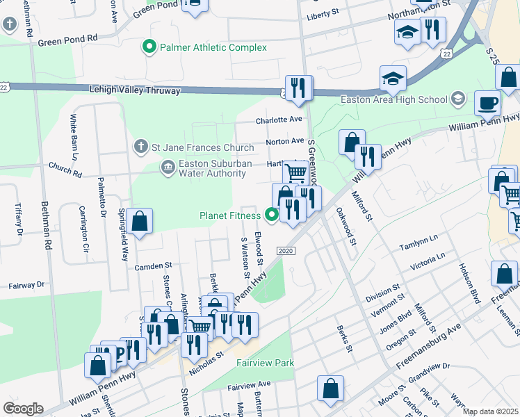 map of restaurants, bars, coffee shops, grocery stores, and more near 299 Elwood Street in Easton
