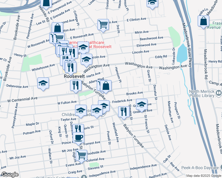 map of restaurants, bars, coffee shops, grocery stores, and more near 129 East Fulton Avenue in Roosevelt