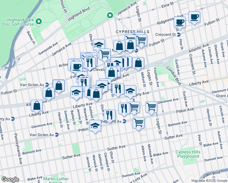 map of restaurants, bars, coffee shops, grocery stores, and more near 292 Essex Street in Brooklyn