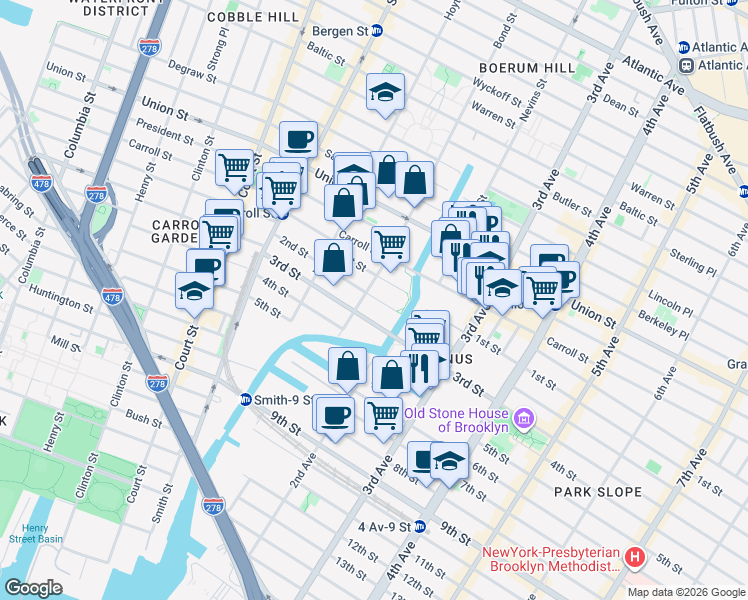 map of restaurants, bars, coffee shops, grocery stores, and more near 155 3rd Street in Brooklyn