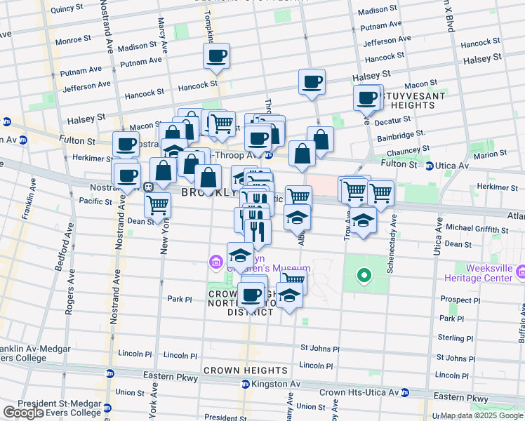 map of restaurants, bars, coffee shops, grocery stores, and more near 1474 Pacific Street in Brooklyn