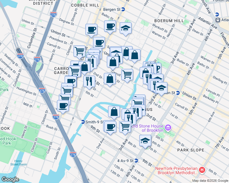 map of restaurants, bars, coffee shops, grocery stores, and more near 110 3rd Street in Brooklyn