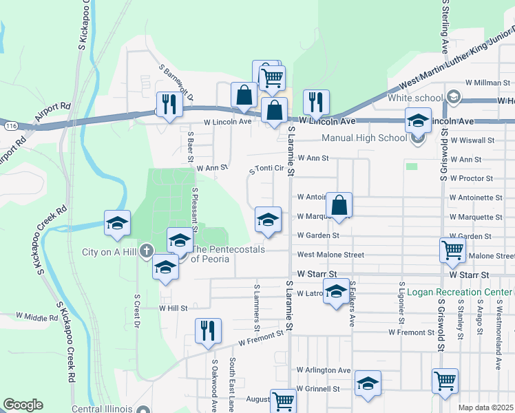map of restaurants, bars, coffee shops, grocery stores, and more near 1031 South Tonti Circle in Peoria