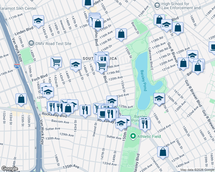 map of restaurants, bars, coffee shops, grocery stores, and more near 16667 Sutphin Boulevard in Queens