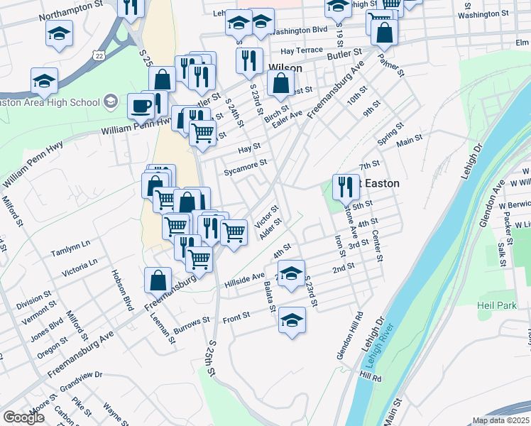 map of restaurants, bars, coffee shops, grocery stores, and more near 2422 Victor Street in Easton