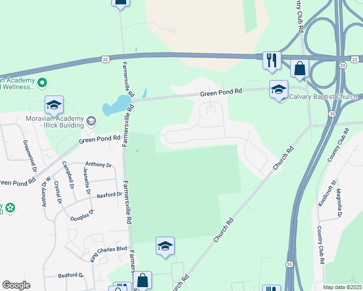 map of restaurants, bars, coffee shops, grocery stores, and more near 3604 Farmersville Road in Easton