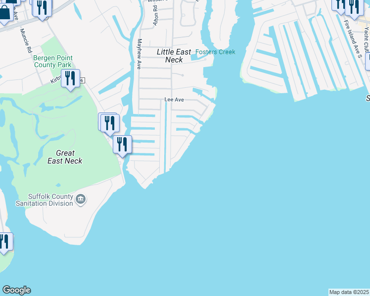 map of restaurants, bars, coffee shops, grocery stores, and more near 105 East Shore Drive in Babylon