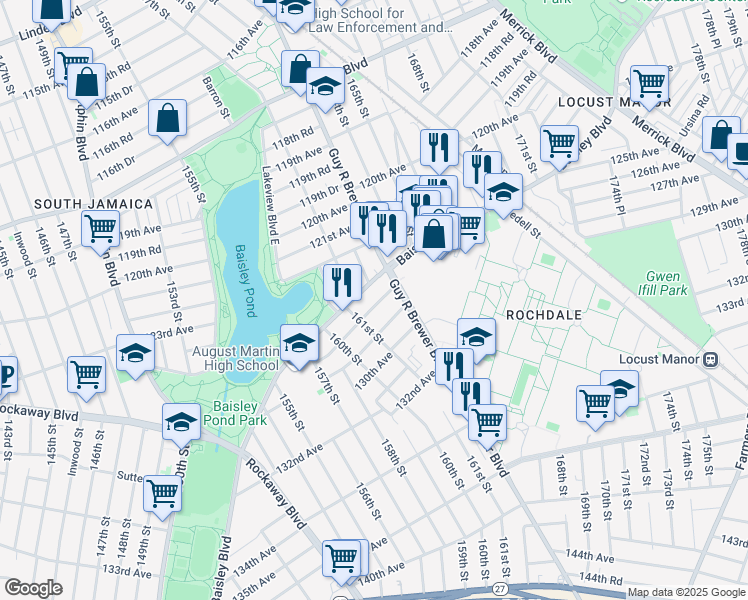 map of restaurants, bars, coffee shops, grocery stores, and more near 161-27 128th Avenue in Queens