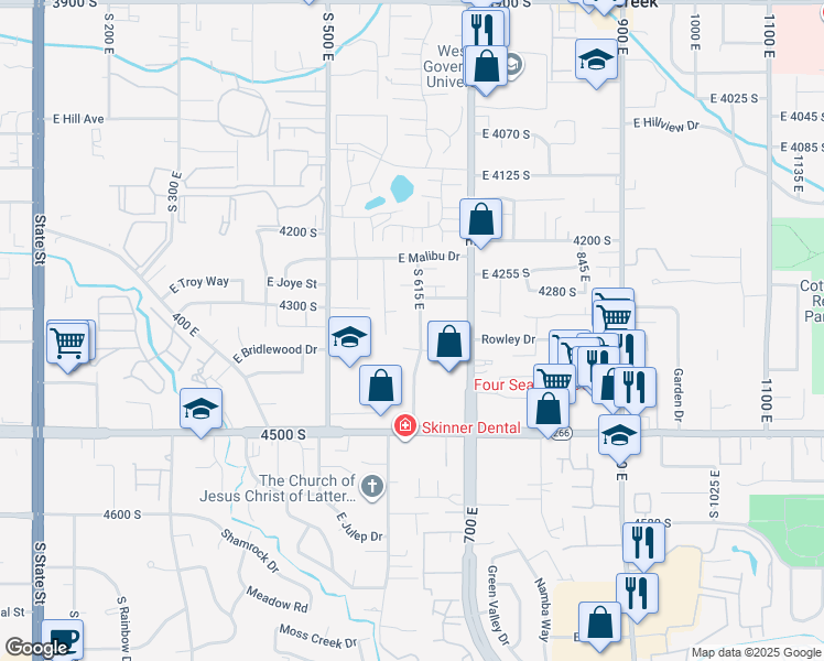 map of restaurants, bars, coffee shops, grocery stores, and more near 4336 South 615 East in Millcreek