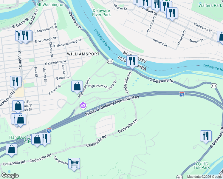 map of restaurants, bars, coffee shops, grocery stores, and more near 232 Vista Drive in Easton