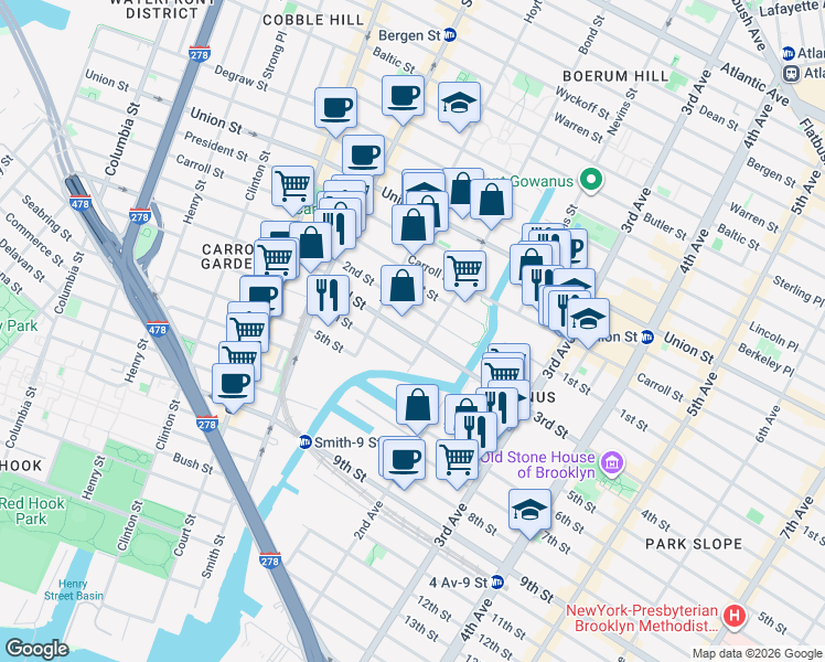 map of restaurants, bars, coffee shops, grocery stores, and more near 110 3rd Street in Brooklyn