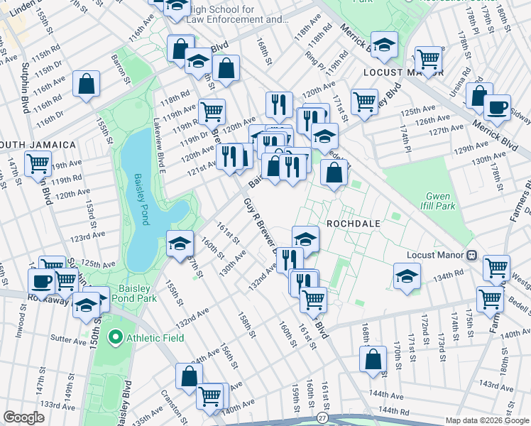 map of restaurants, bars, coffee shops, grocery stores, and more near 129-19 Guy R Brewer Boulevard in Queens