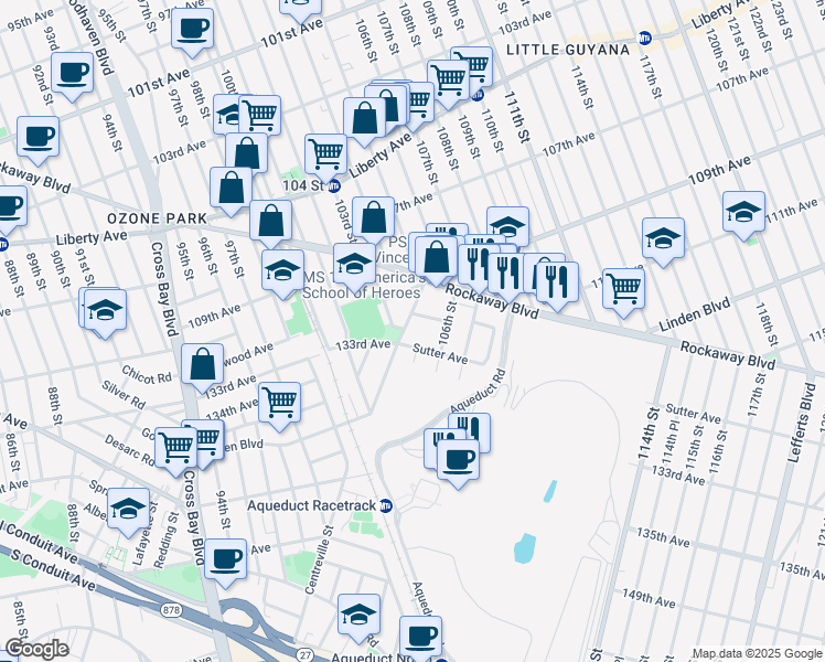 map of restaurants, bars, coffee shops, grocery stores, and more near 109-51 Centreville Street in Queens