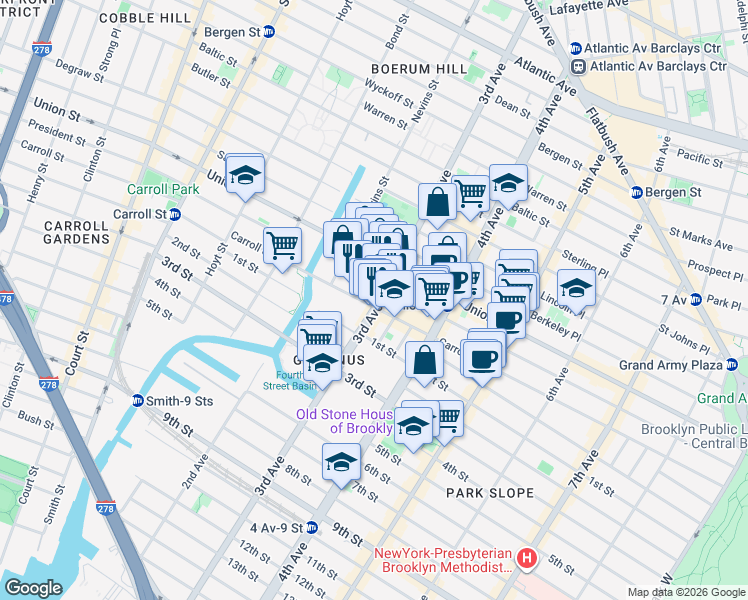 map of restaurants, bars, coffee shops, grocery stores, and more near 276 3rd Avenue in Brooklyn