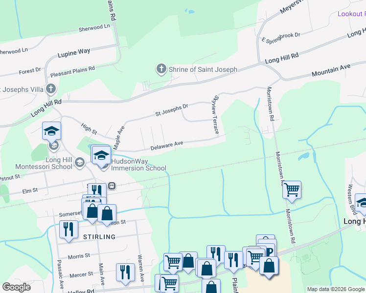map of restaurants, bars, coffee shops, grocery stores, and more near 79 Delaware Avenue in Long Hill