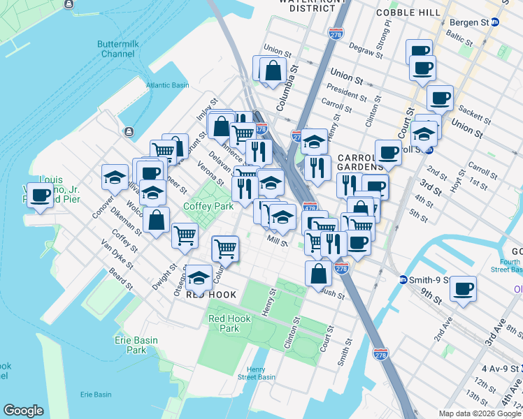 map of restaurants, bars, coffee shops, grocery stores, and more near 19 West 9th Street in Brooklyn