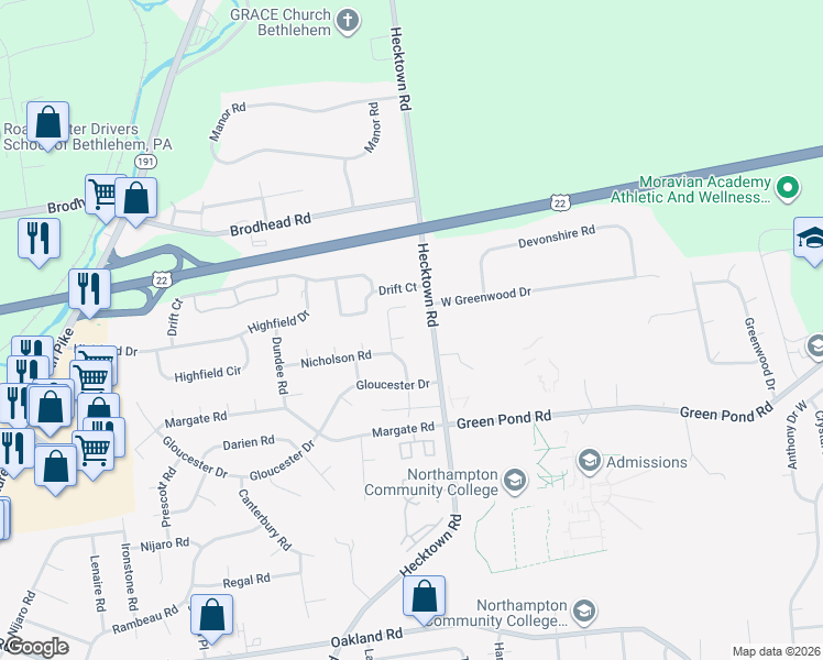 map of restaurants, bars, coffee shops, grocery stores, and more near 3904 Fairfax Court in Bethlehem
